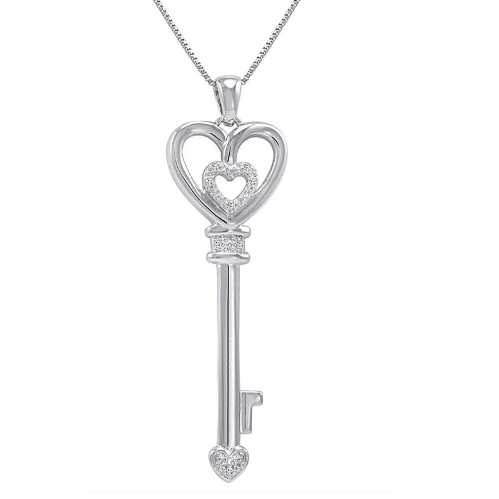 Diamond Key to Her Heart Pendant-Necklace in Sterling Silver (18in Box Chain) - Picture 2 of 5